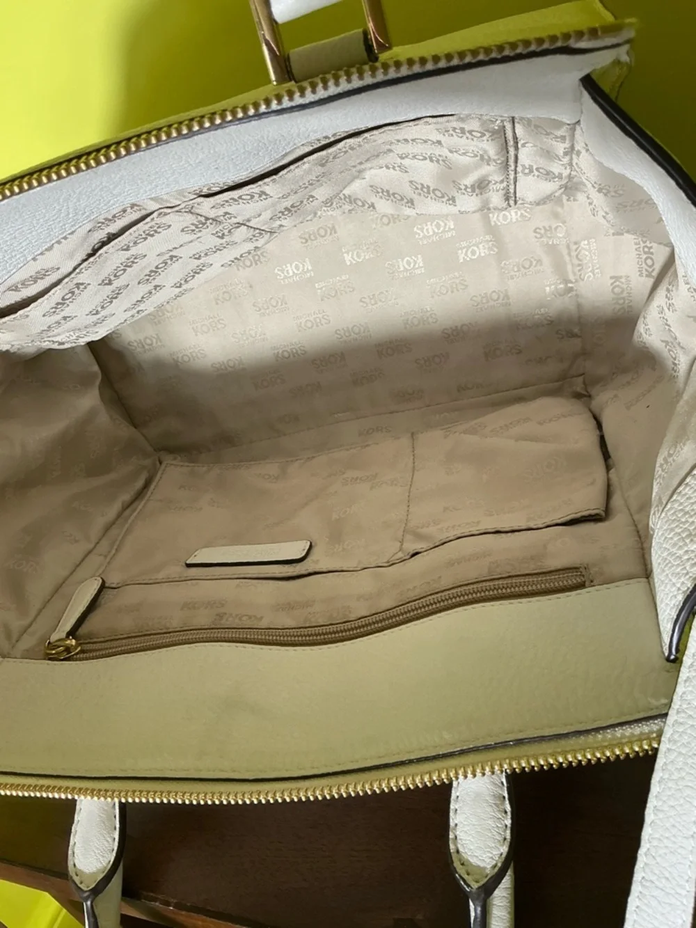 Michael Kors White Leather Satchel with Gold MK Medallion